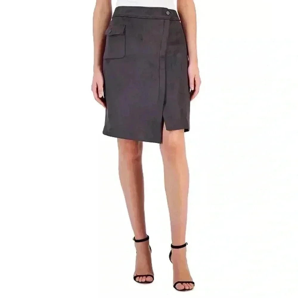 Ann Klein Cargo Pocket Asymmetrical Suede Work Nightfall Gray Pencil Skirt